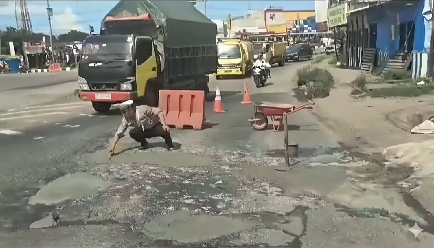 Polisi Tambal Jalan Berlubang di Natar, Cegah Kecelakaan di Jalur Padat Lampung Selatan